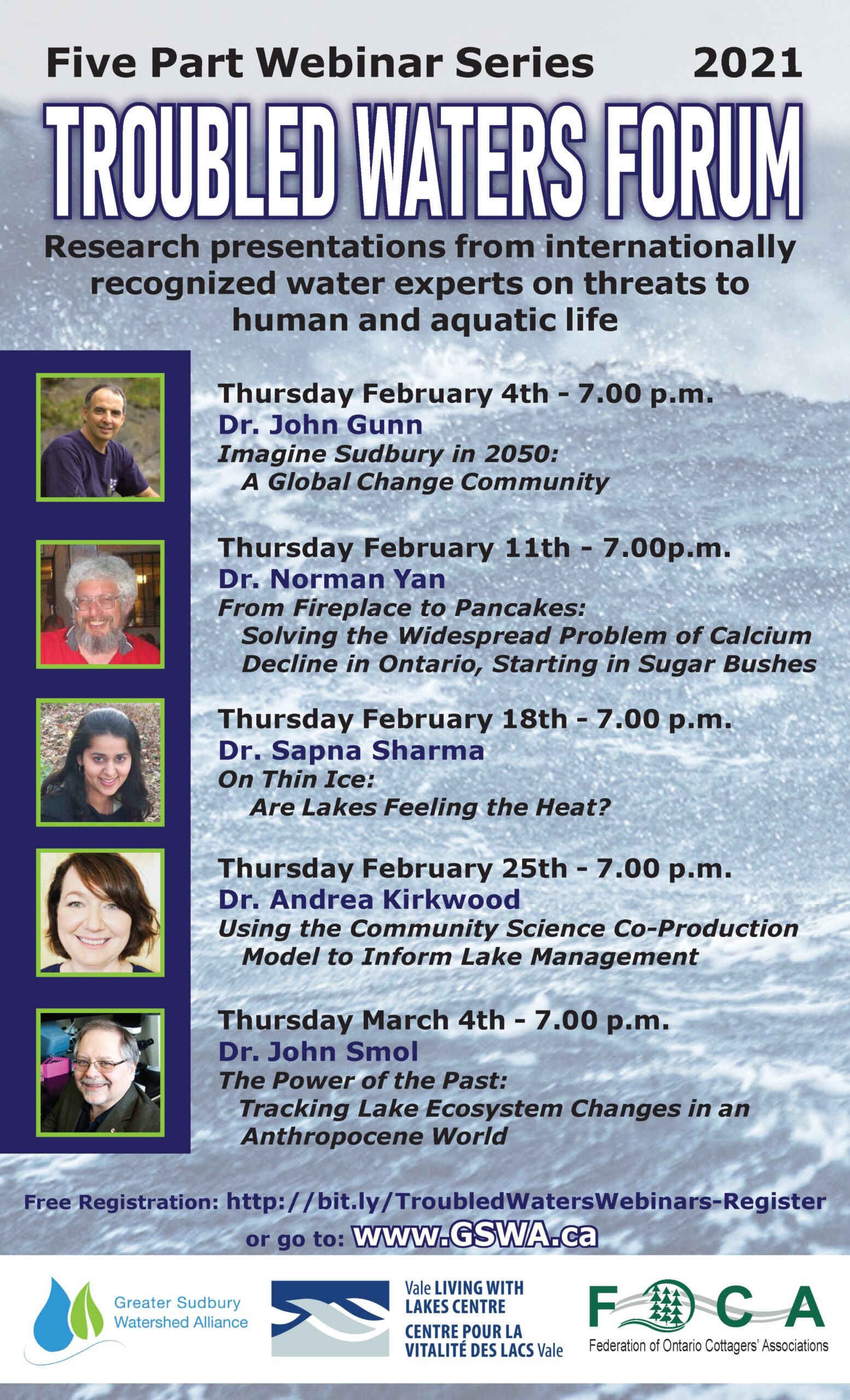 Troubled Waters Forum poster outlineing webinar topics and speakers.